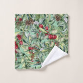 レッドグリーンホリークリスマスパターンモノグラム バスタオルセット (ウォッシュタオル)