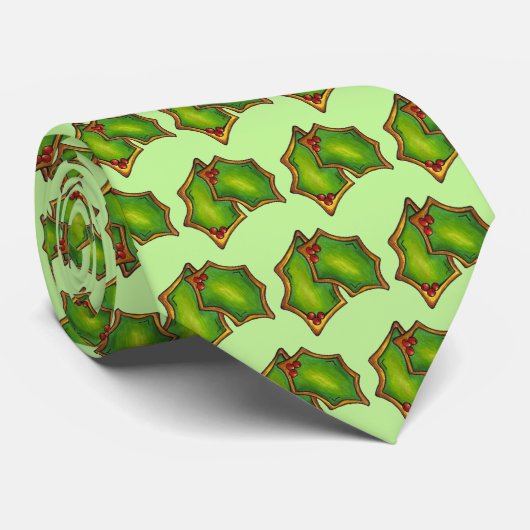レッドグリーンホリーリーフクリスマスクリスマスホリデークッキー ネクタイ (ロール)