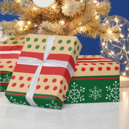 レッドグリーンホワイトクリスマススノーフレーク水玉模様 ラッピングペーパー