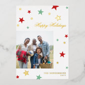 レッドグリーンホワイト金ゴールドスターズフォトハッピーホリデー 箔シーズンカード (正面)