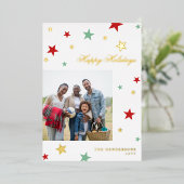 レッドグリーンホワイト金ゴールドスターズフォトハッピーホリデー 箔シーズンカード (立ち正面)