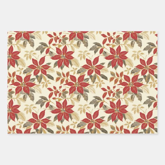 レッドグリーンポインセティアスヴィンテージクリスマス ラッピングペーパーシート (正面3)