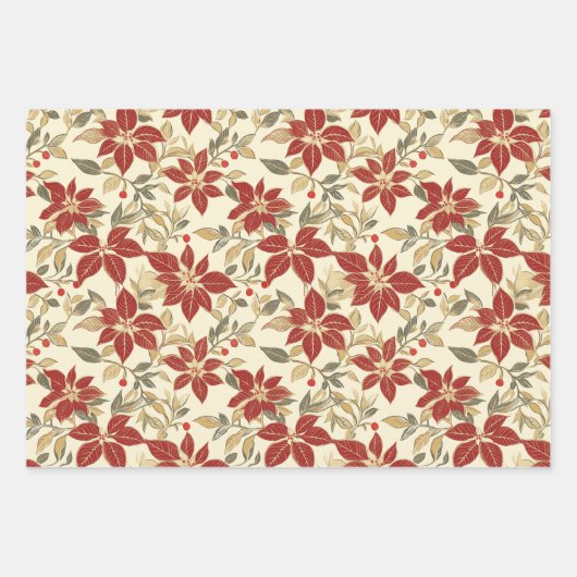 レッドグリーンポインセティアスヴィンテージクリスマス ラッピングペーパーシート (正面2)