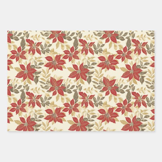 レッドグリーンポインセティアスヴィンテージクリスマス ラッピングペーパーシート (正面)