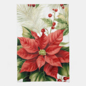 レッドグリーンポインセティアホリーベリークリスマスフローラル キッチンタオル (縦)