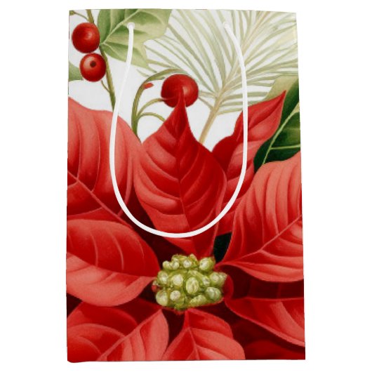レッドグリーンポインセティアホリーベリークリスマスホリデー ミディアムペーパーバッグ (正面)