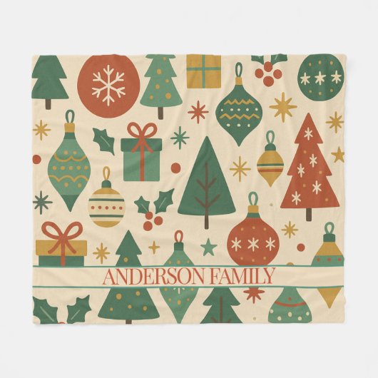 レッドグリーンミッドセンチュリーモダンホリデイ フリースブランケット (正面(横))