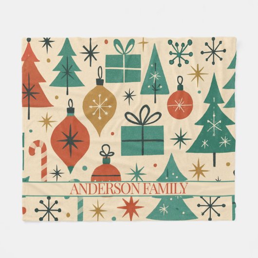 レッドグリーンミッドセンチュリーモダンホリデイ フリースブランケット (正面(横))