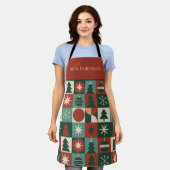 レッドグリーンミッドセンチュリーモダンホリ市松模様にデイ エプロン (着用した状態)