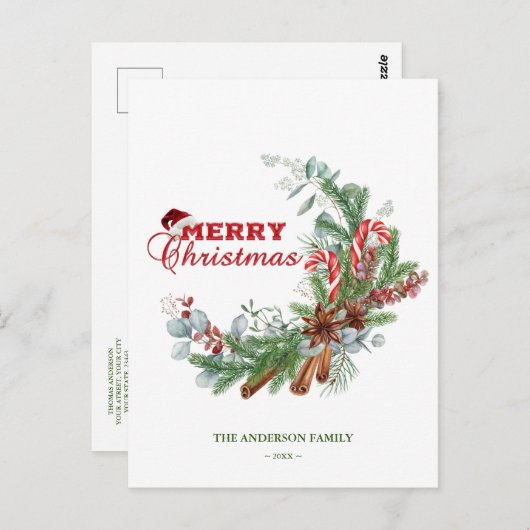 レッドグリーンメリークリスマスタイポグラフィグリーン ポストカード (正面/裏面)