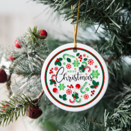 レッドグリーンメリークリスマスリースラウンド セラミックオーナメント