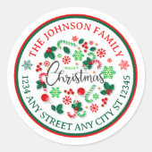 レッドグリーンメリークリスマスリース差出人住所 ラウンドシール (正面)