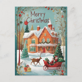 レッドグリーンヴィンテージサンタそりクリスマスポストカード ポストカード