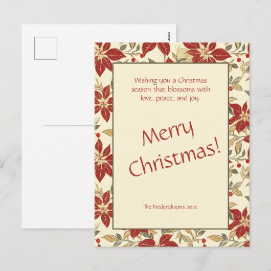 レッドグリーンヴィンテージポインセティアスクリスマス シーズンポストカード (正面/裏面)