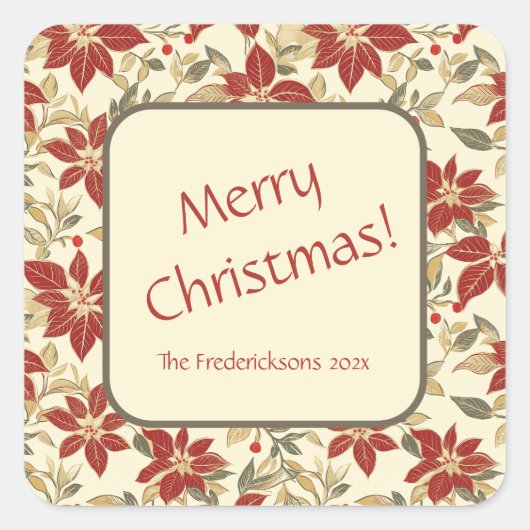 レッドグリーンヴィンテージポインセティアスクリスマス スクエアシール (正面)
