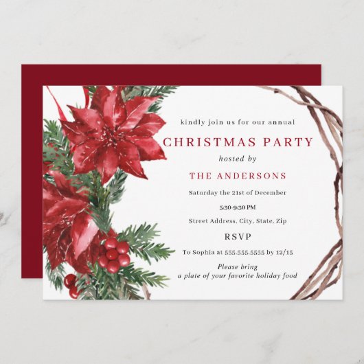 レッドグリーン伝統的リースクリスマスパーティー 招待状 (正面/裏面)