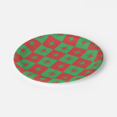 レッドグリーン市松模様にレトロクリスマススターバスト ペーパープレート (アングル)
