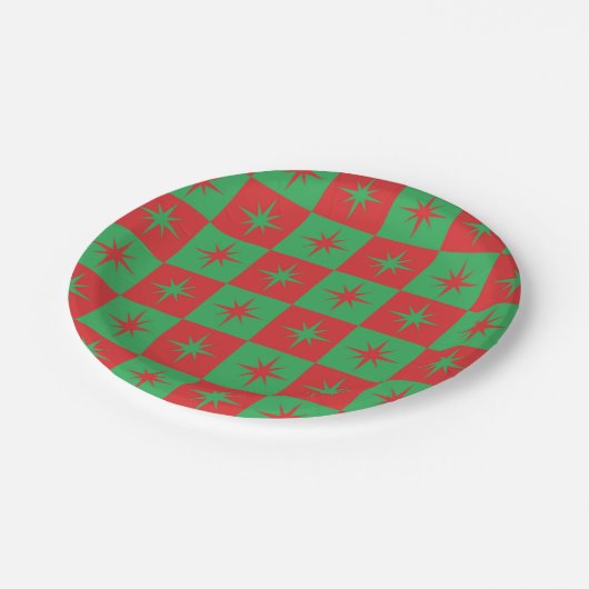 レッドグリーン市松模様にレトロクリスマススターバスト ペーパープレート (アングル)