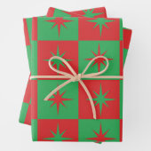 レッドグリーン市松模様にレトロクリスマススターバスト ラッピングペーパーシート (インサイチュ)