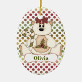 レッドグリーン水玉模様ベアパーソナライズされた セラミックオーナメント (正面)