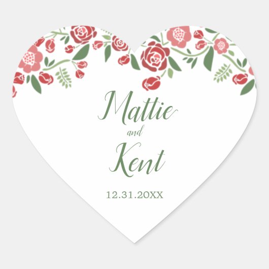 レッドグリーン秋の結婚式パーソナライズされたサンキュー ハートシール (正面)