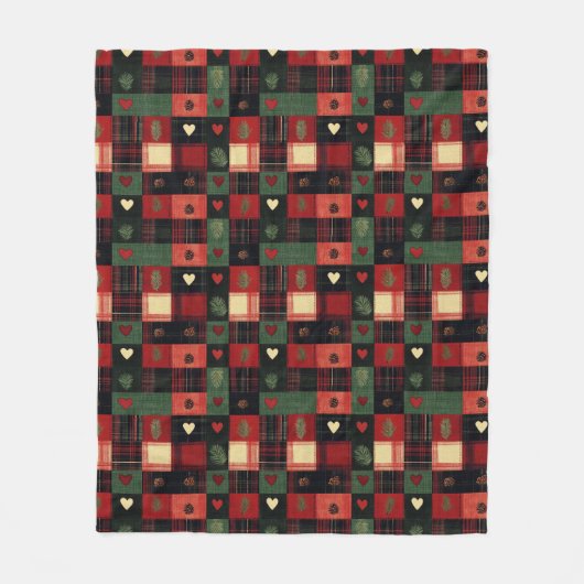 レッドグリーン素朴プレイドハートクリスマスホリデー フリースブランケット (正面)