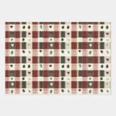 レッドグリーン素朴プレイドハートクリスマスホリデー ラッピングペーパーシート (正面3)