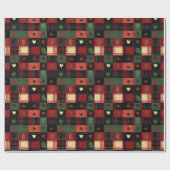 レッドグリーン素朴プレイドハートクリスマスホリデー ラッピングペーパー (フラット)