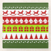 レッドグリーン醜いクリスマスセーターフェスティバルクリップアート ガラスコースター (正面)