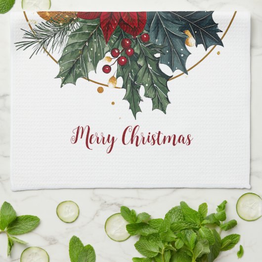 レッドグリーン金ゴールドクリスマスホリデーフローラボタニカル キッチンタオル (折り畳み)