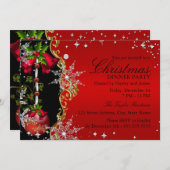 レッドグリーン金ゴールドスノーフレーククリスマスディナーパーティー5 招待状 (正面/裏面)