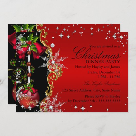 レッドグリーン金ゴールドスノーフレーククリスマスディナーパーティー5 招待状 (正面/裏面)