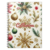 レッドグリーン金ゴールドスノーフレークフローラホリデー ノートブック (正面)