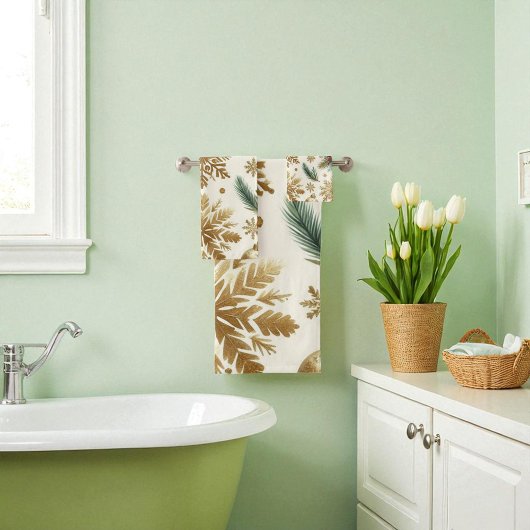 レッドグリーン金ゴールドスノーフレークフローラホリデー バスタオルセット