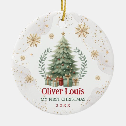 レッドグリーン金ゴールドスノーフレークベビー1stクリスマス セラミックオーナメント (正面)