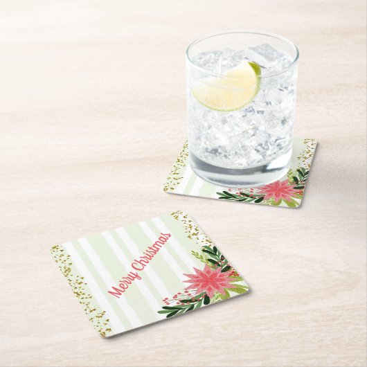 レッドグリーン金ゴールドスパークルポインセチアのクリスマス スクエアペーパーコースター