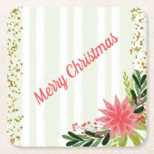 レッドグリーン金ゴールドスパークルポインセチアのクリスマス スクエアペーパーコースター (正面)