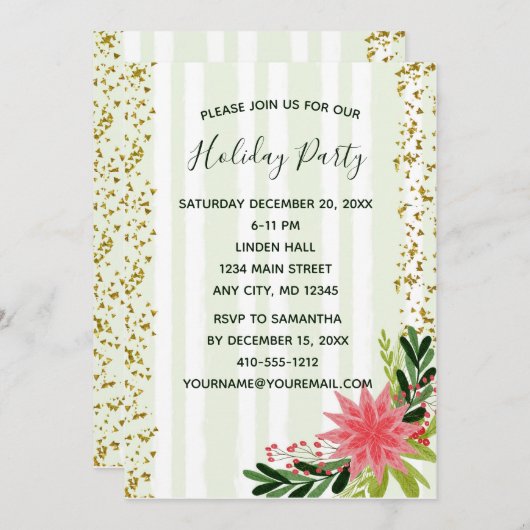 レッドグリーン金ゴールドスパークルポインセチアのクリスマス 招待状 (正面/裏面)