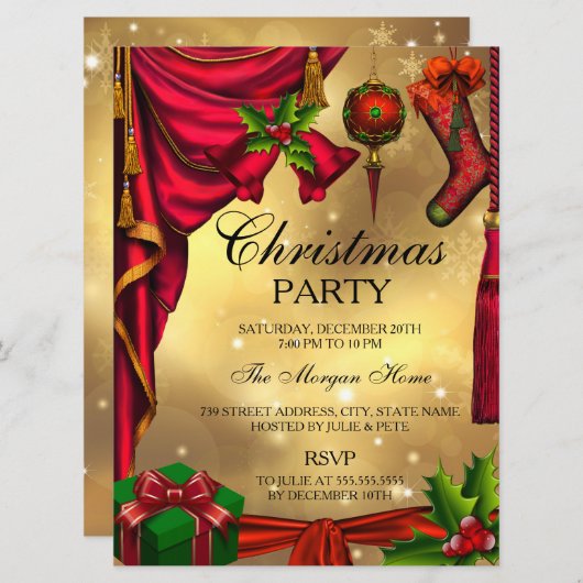 レッドグリーン金ゴールドフェスティバルクリスマスホリデー招待状 招待状 (正面/裏面)