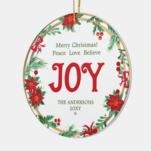 レッドグリーン金ゴールドリースジョイモダンメリークリスマス セラミックオーナメント (左)