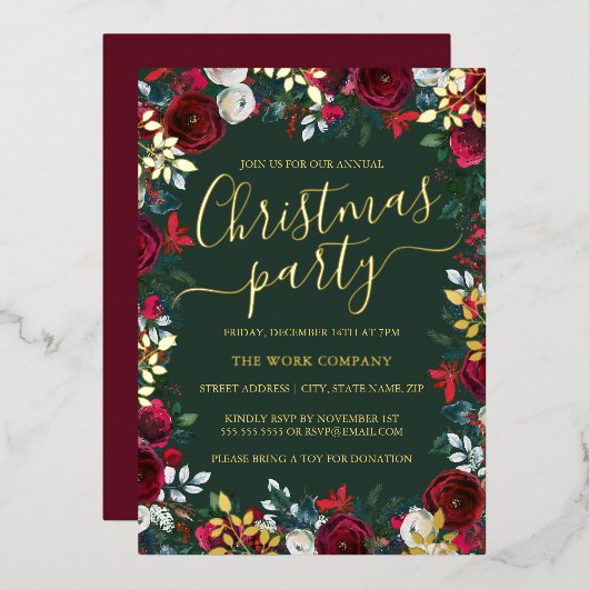 レッドグリーン金ゴールドリーフ企業のクリスマスパーティー 箔招待状 (正面/裏面)