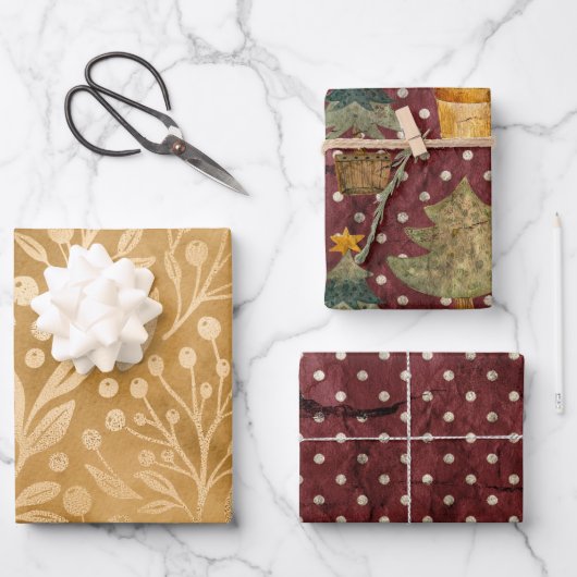 レッドグリーン金ゴールドヴィンテージクリスマスツリー ラッピングペーパーシート (正面)