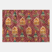 レッドグリーン金ゴールドヴィンテージクリスマスハウス ラッピングペーパーシート (正面)
