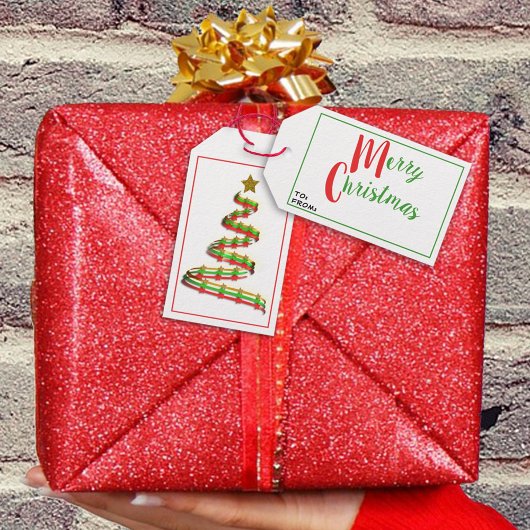 レッドグリーン金ゴールド抽象芸術アートリボンクリスマスツリー ギフトタグ