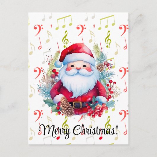 レッドグリーン音楽ノートとサンタクロースはがき ポストカード (正面)