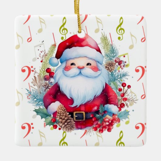 レッドグリーン音楽ノートとサンタクロース セラミックオーナメント (正面)
