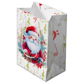 レッドグリーン音楽ノートとサンタクロース ミディアムペーパーバッグ (正面アングル)
