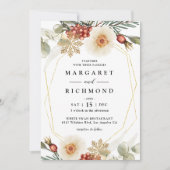 レッドグリーン&金ゴールドクリスマスリースウィンターウェディング 招待状 (正面)