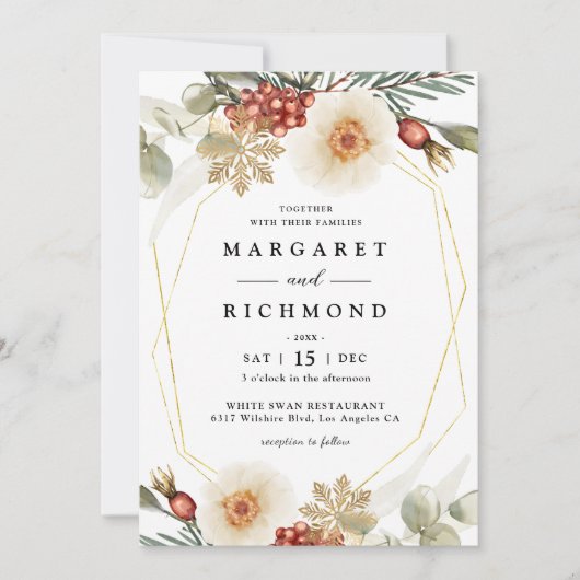 レッドグリーン&金ゴールドクリスマスリースウィンターウェディング 招待状 (正面)