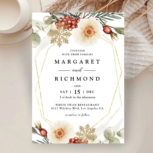 レッドグリーン&金ゴールドクリスマスリースウィンターウェディング 招待状